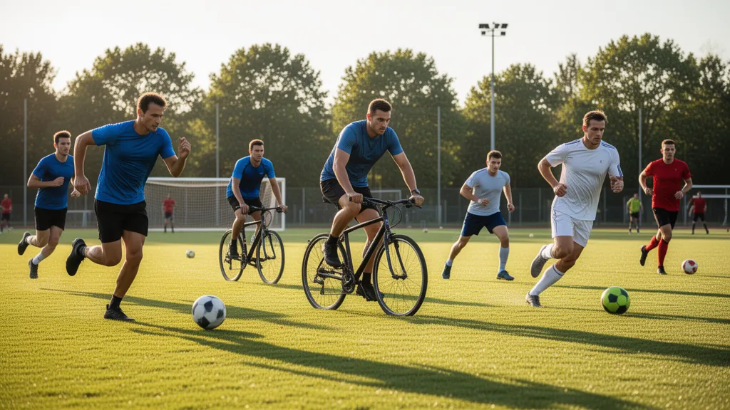 Multiple athletes compete simultaneously outdoors on a bright sunny day in various sports activities.