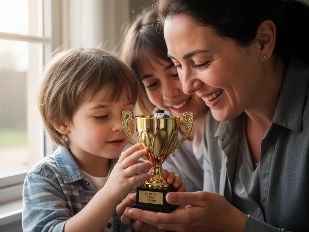 Parent and child closely inspecting a handcrafted sports award together with warm emotional connection.