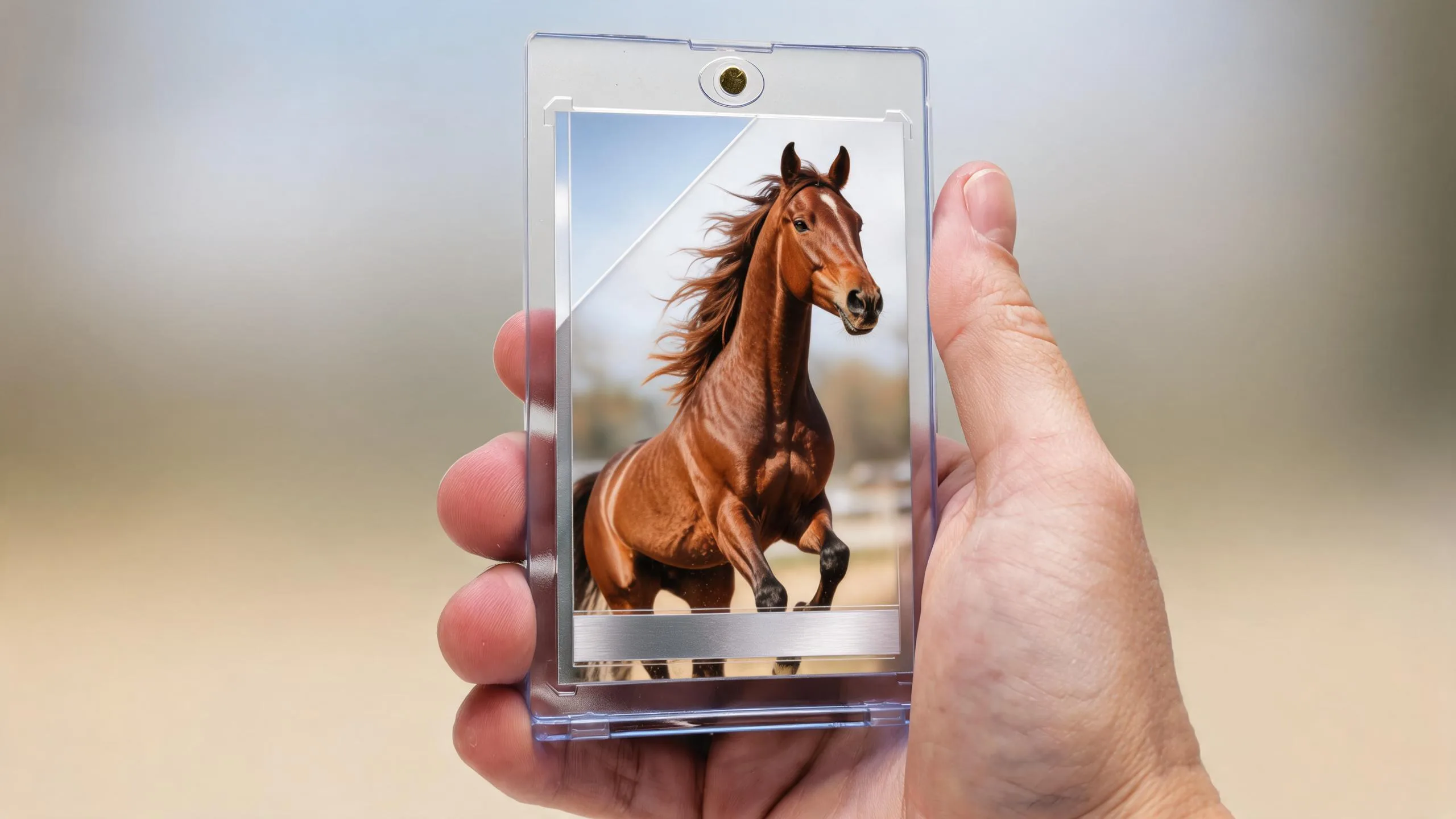 Hand holding magnetic case with horse trading card, blank foil bar, warm bright interior.