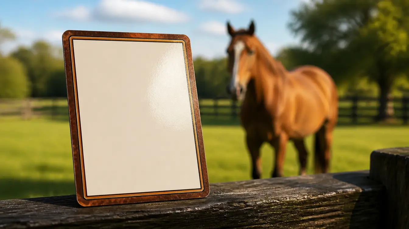A blank trading card propped on a fence rail with a horse in a sunny pasture behind it