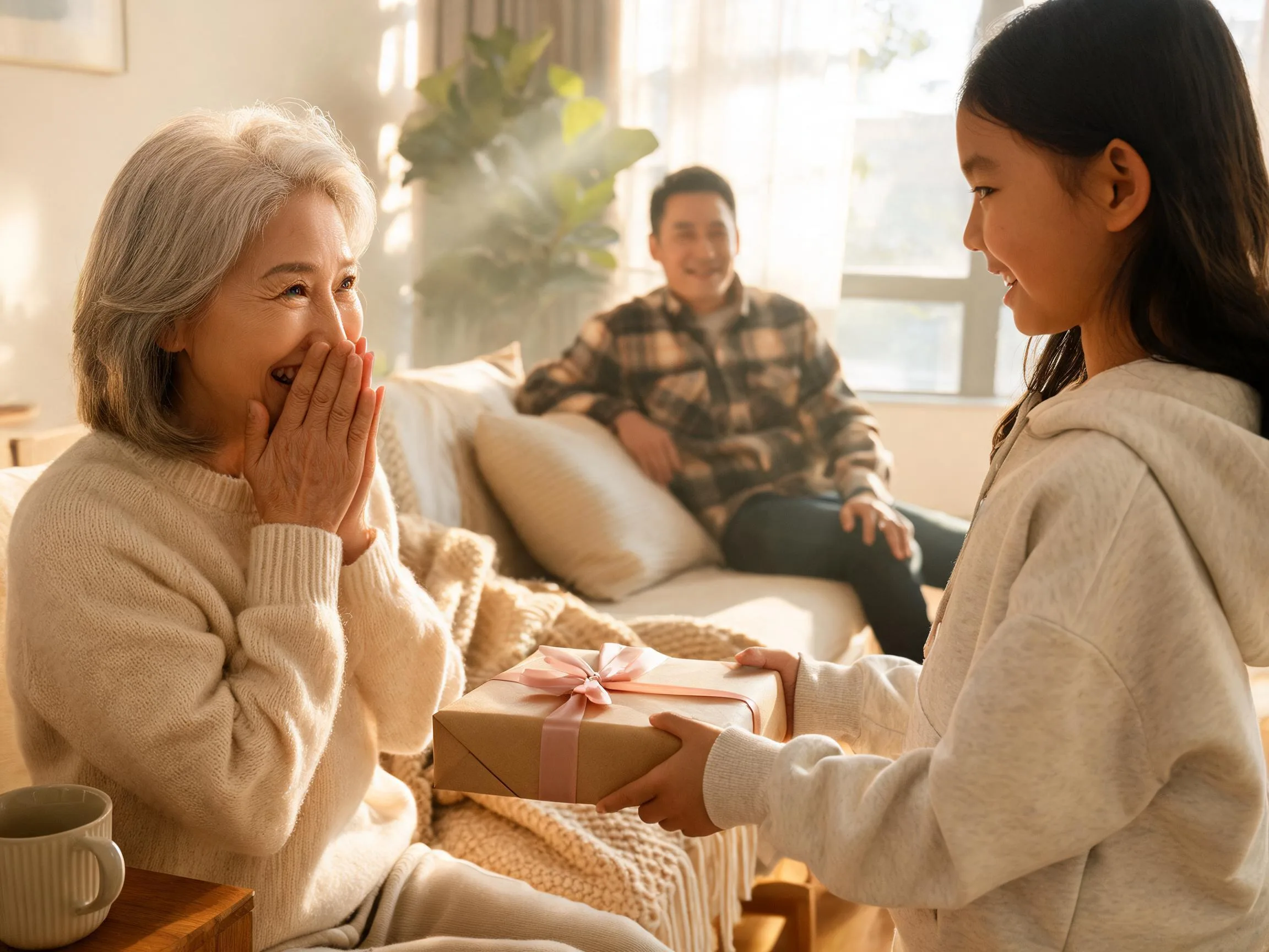 Grandmother reacts with joyful surprise receiving an unexpected gift from a child.