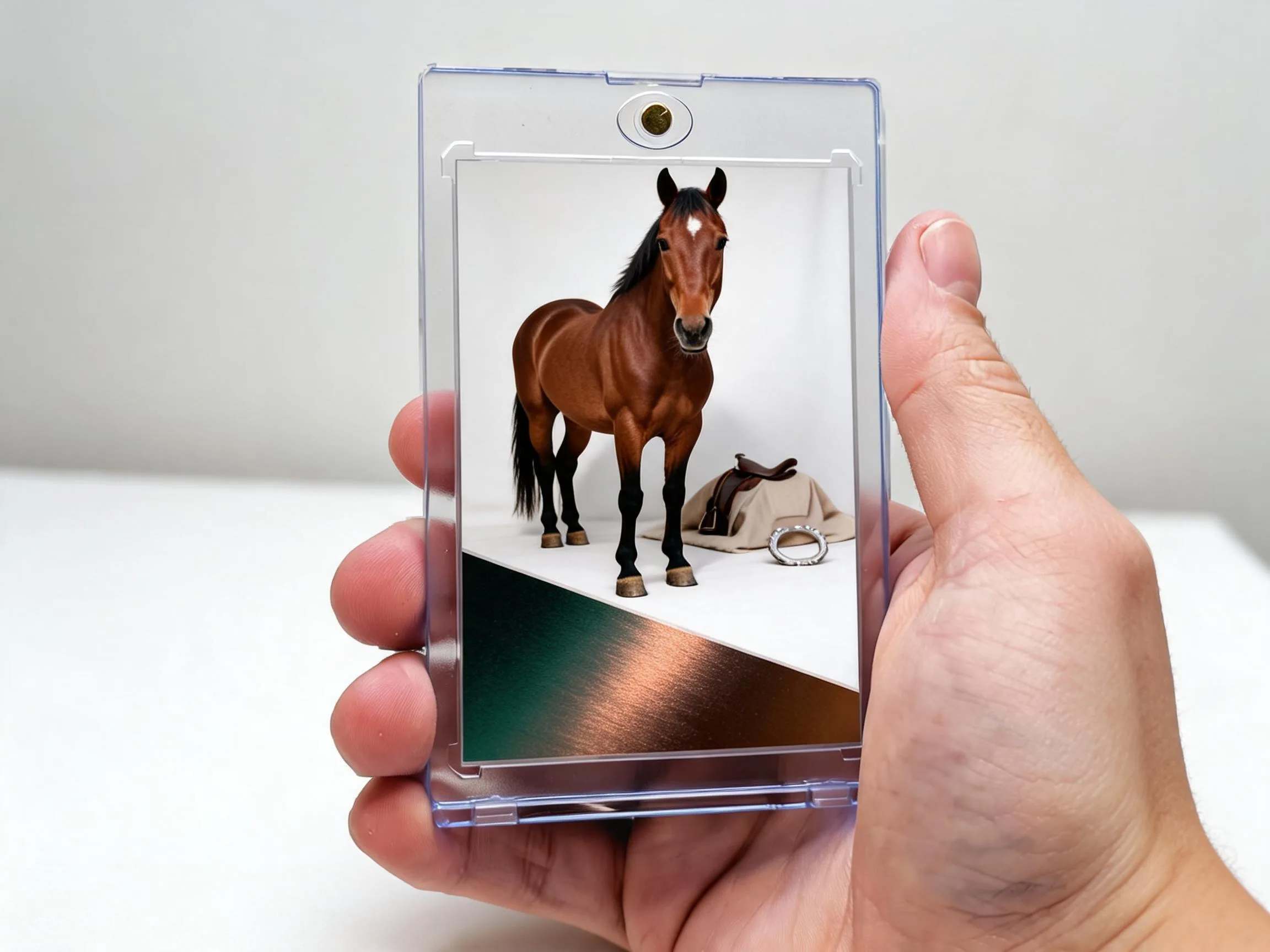 Custom keepsake horse trading card in magnetic case on white tabletop display.