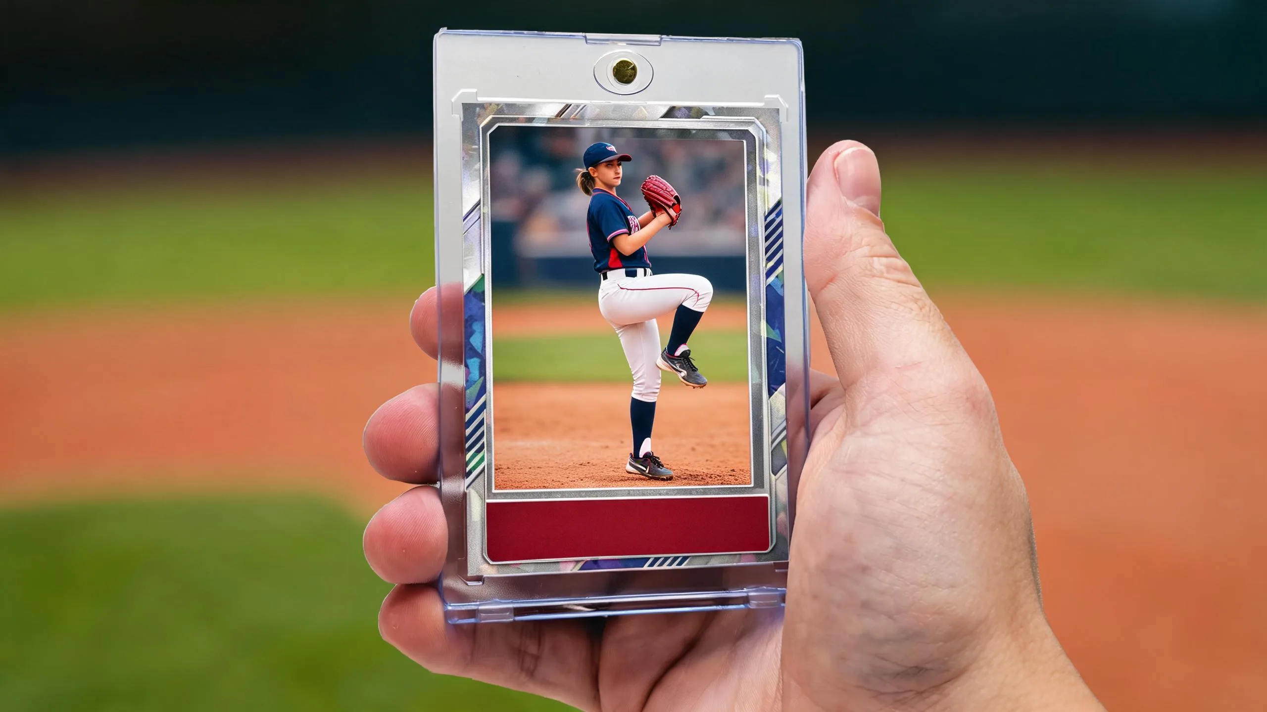 Hand holding a magnetic case with a pitcher card, showing hot baseball cards right now.