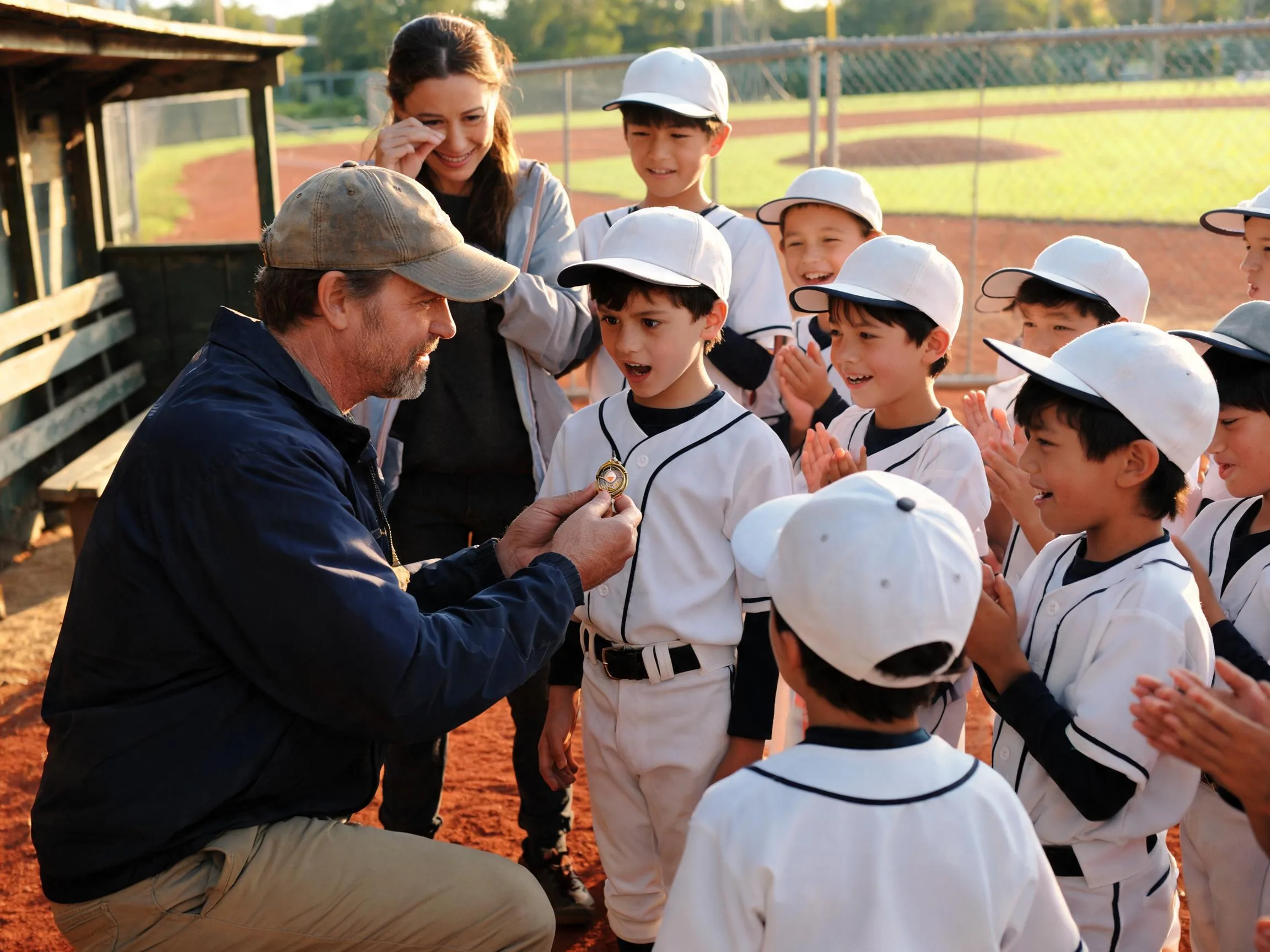 Coach and young athlete share an emotional moment in a sunlit baseball dugout.