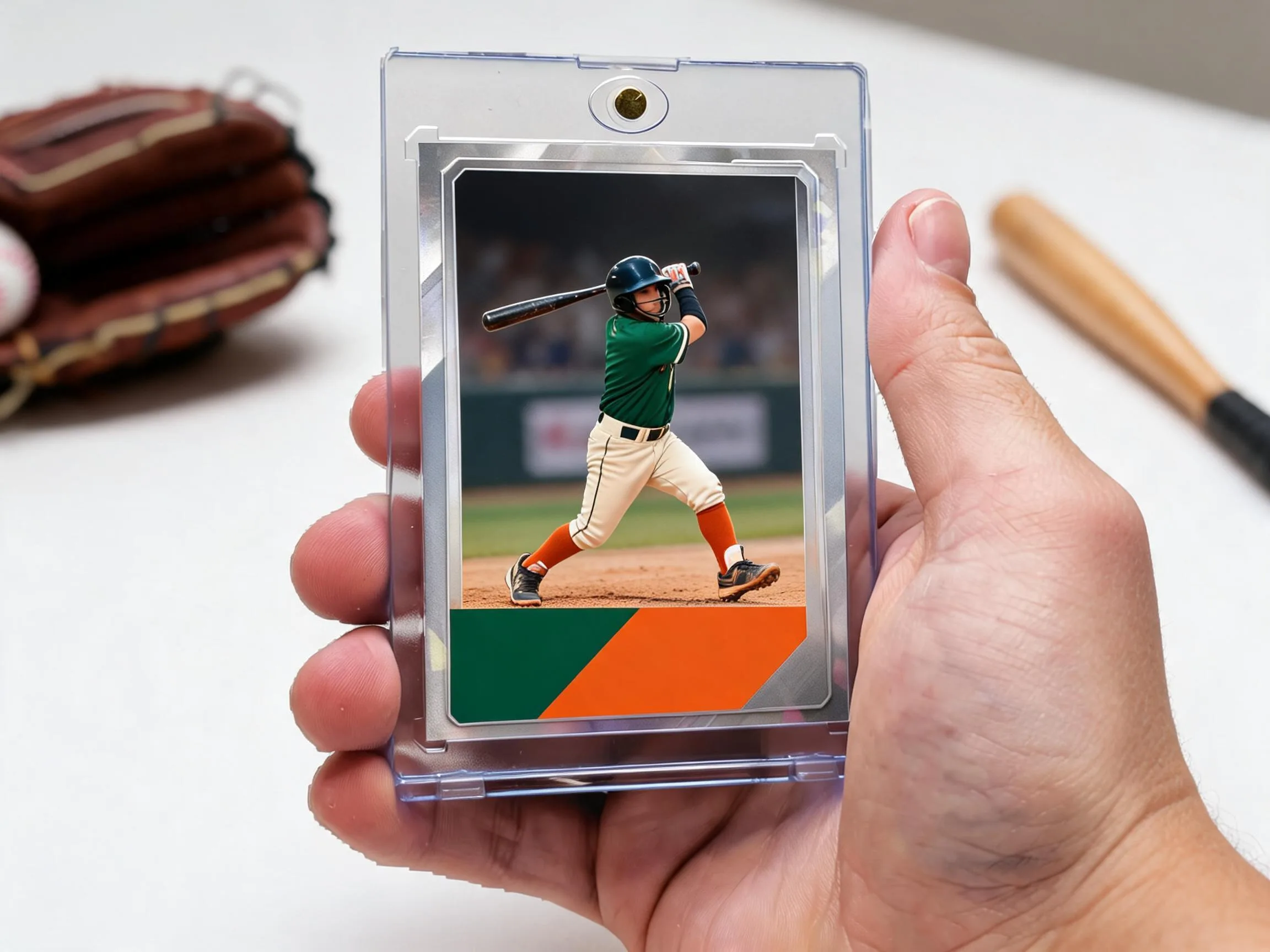 Custom baseball trading card of a batter displayed in a clear magnetic case.