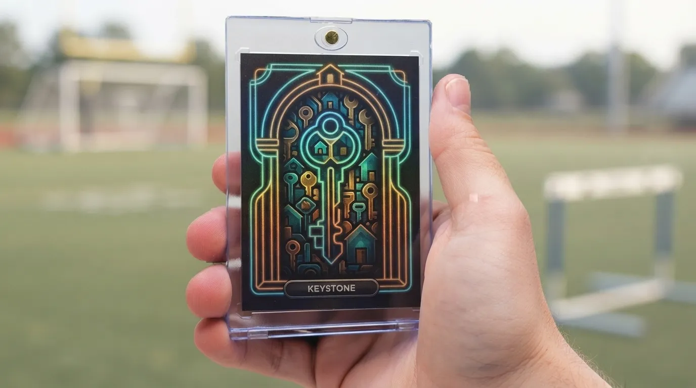 Hand holding magnetic case with dark neon housewarming gift trading card on sunny athletic field.