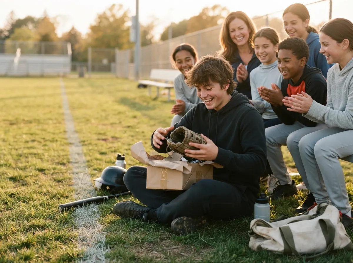 Athlete joyfully unwrapping a surprise housewarming gift on a sunny athletic field with teammates.