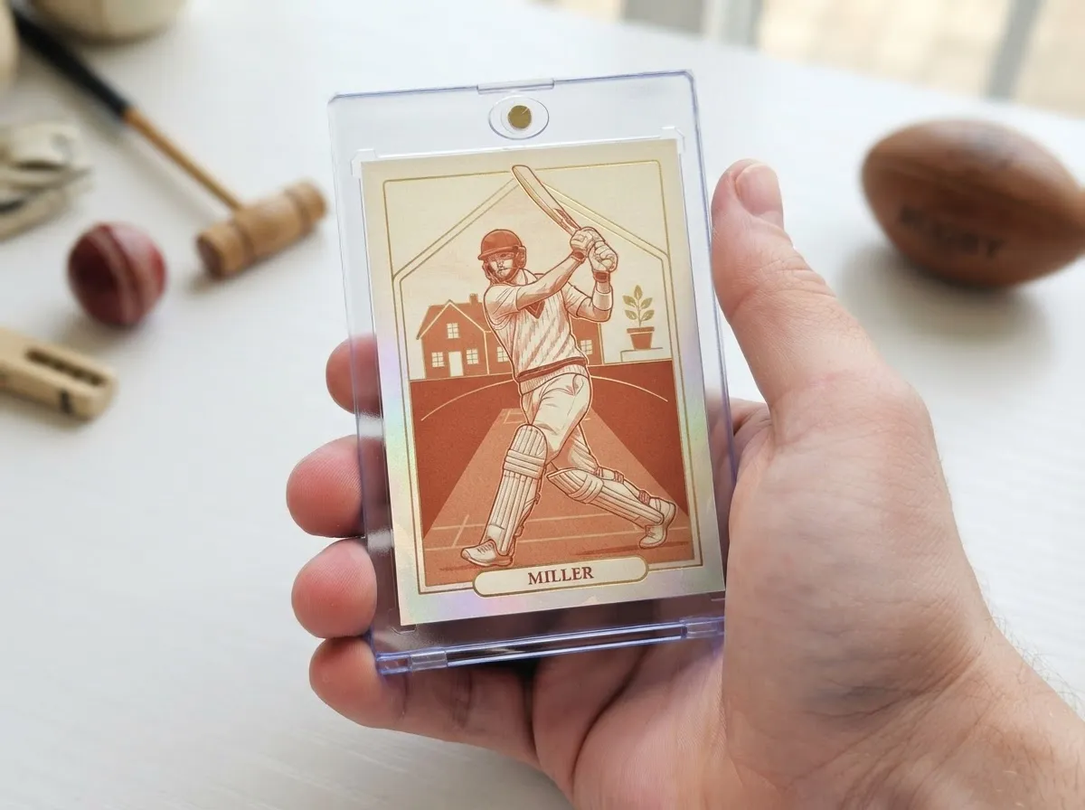 Custom housewarming gift trading card in clear magnetic case displayed on white tabletop surface.