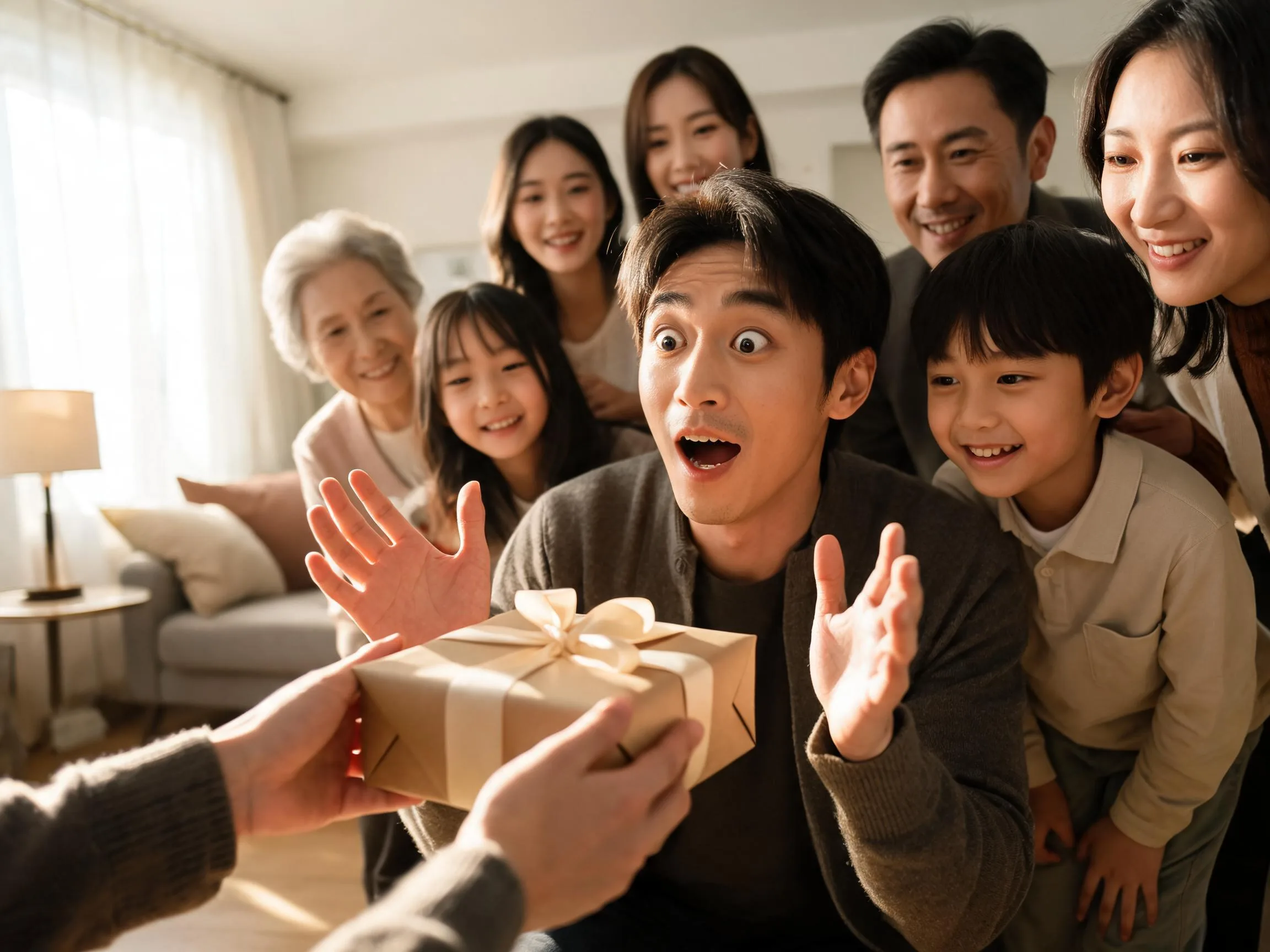 Person reacting with genuine surprise while being handed an unexpected gift indoors.