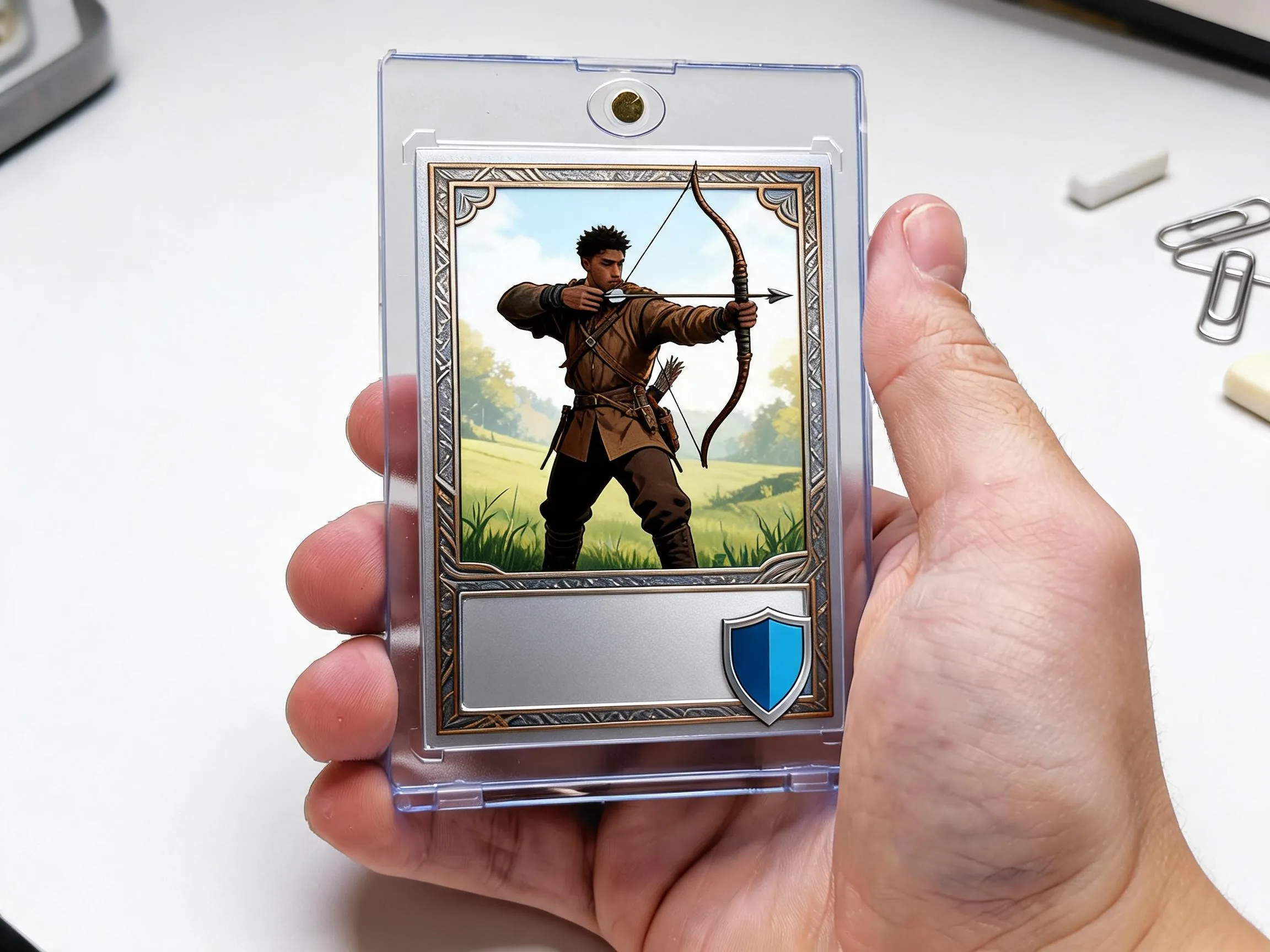 Custom keepsake trading card in a clear magnetic case displayed on a white tabletop.