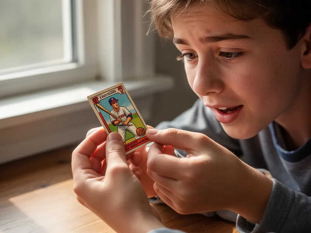Child's hands carefully examining a vintage baseball card near natural window light with wonder