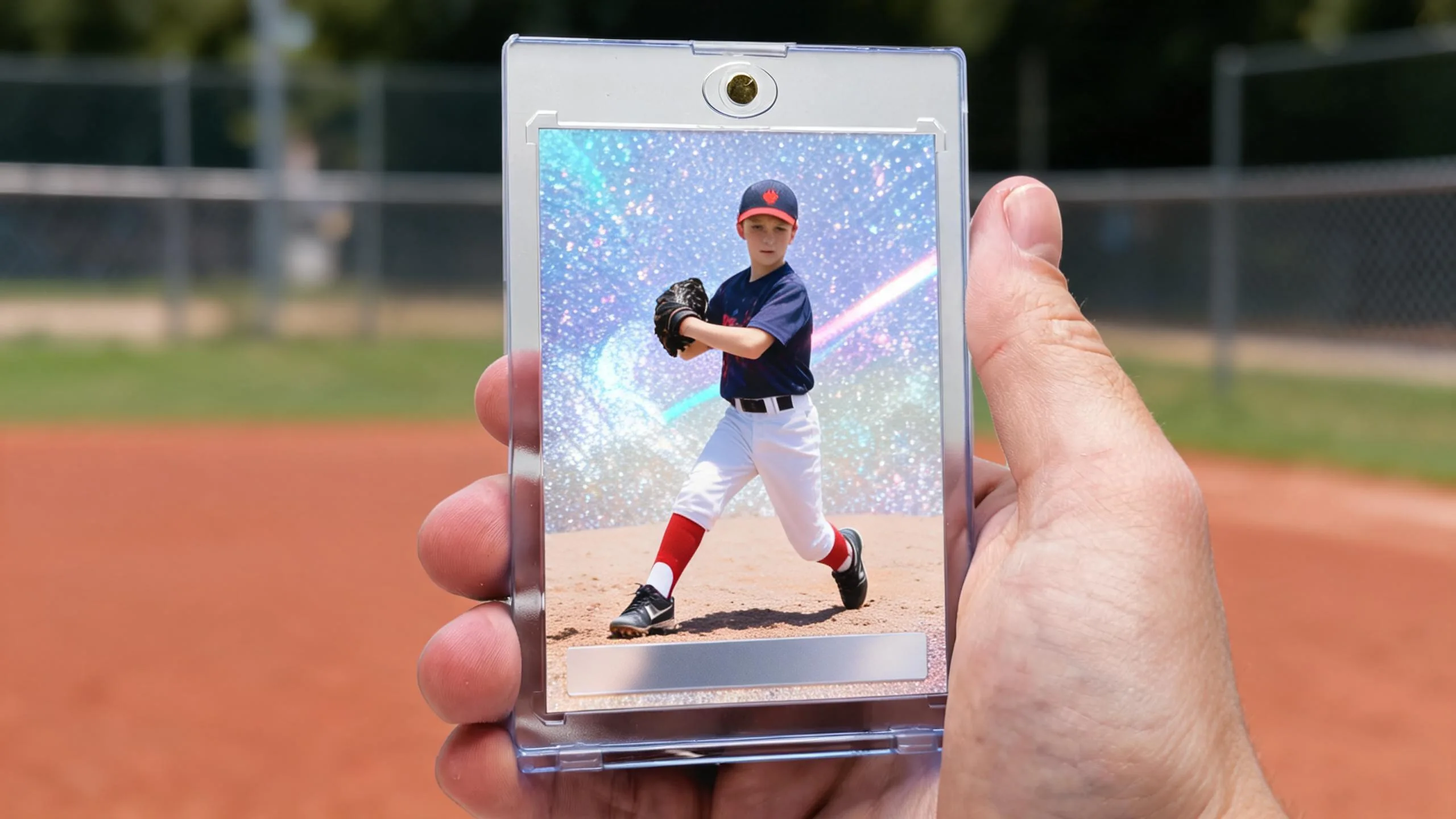 Hand holding magnetic case with baseball card, illustrating how to create a baseball card.