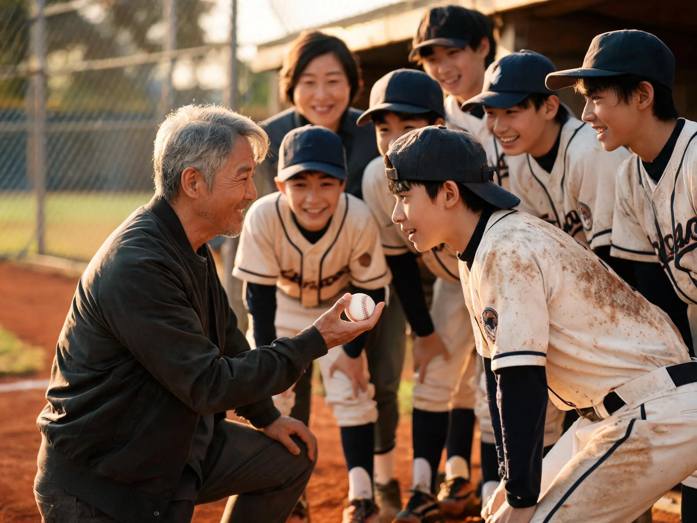 Coach and young player share an emotional moment on a sunlit baseball field.