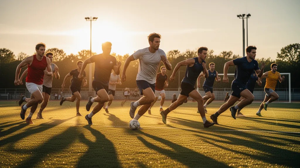 Multiple athletes competing intensely across outdoor field in natural sunlight with dynamic motion and energy