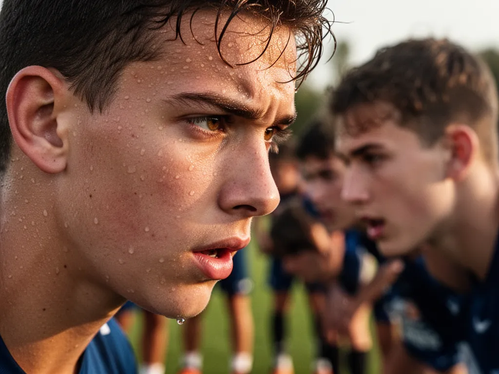 Young athlete's focused face showing determination during training with teammates visible in soft background