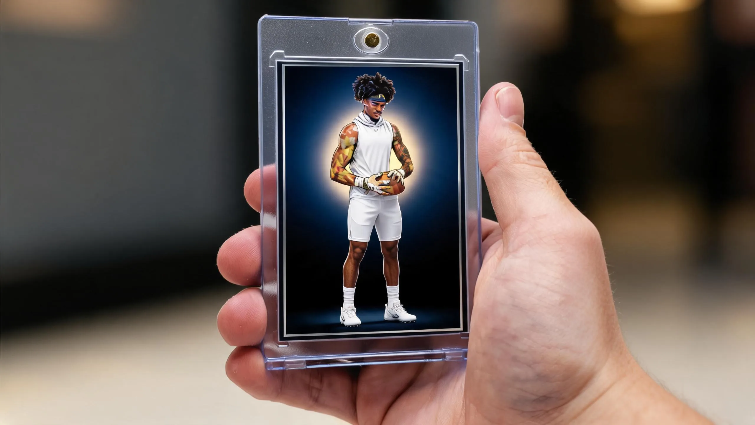 Hand holding magnetic case with holographic-style trading card, showing how to create holographic cards.