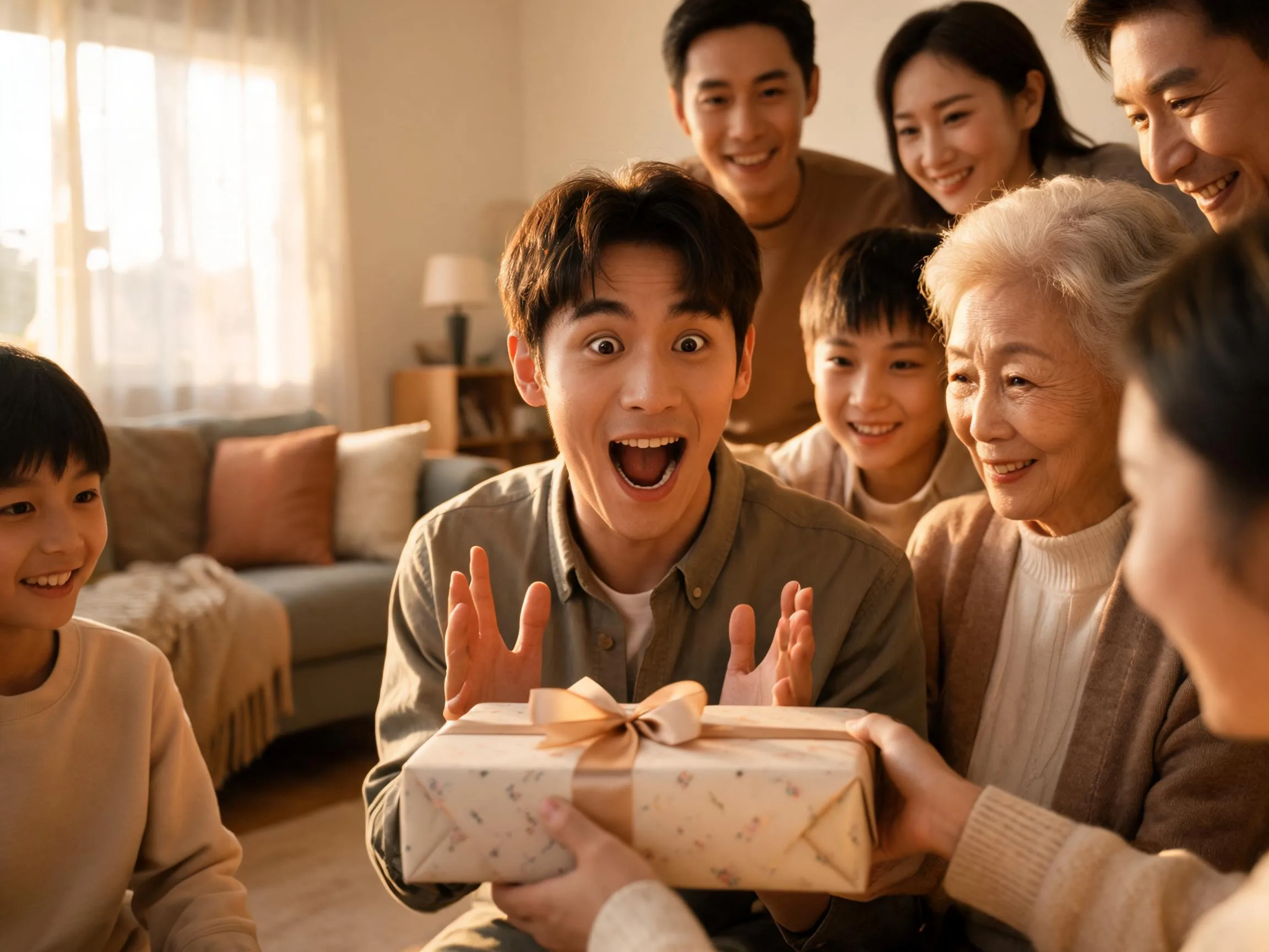 Family watching someone react with genuine surprise to an unexpected gift in warm light.