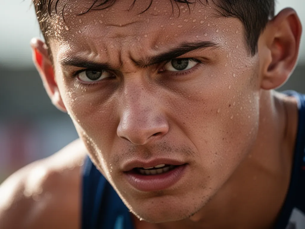 [athlete's concentrated facial expression during competitive sporting moment with natural lighting]