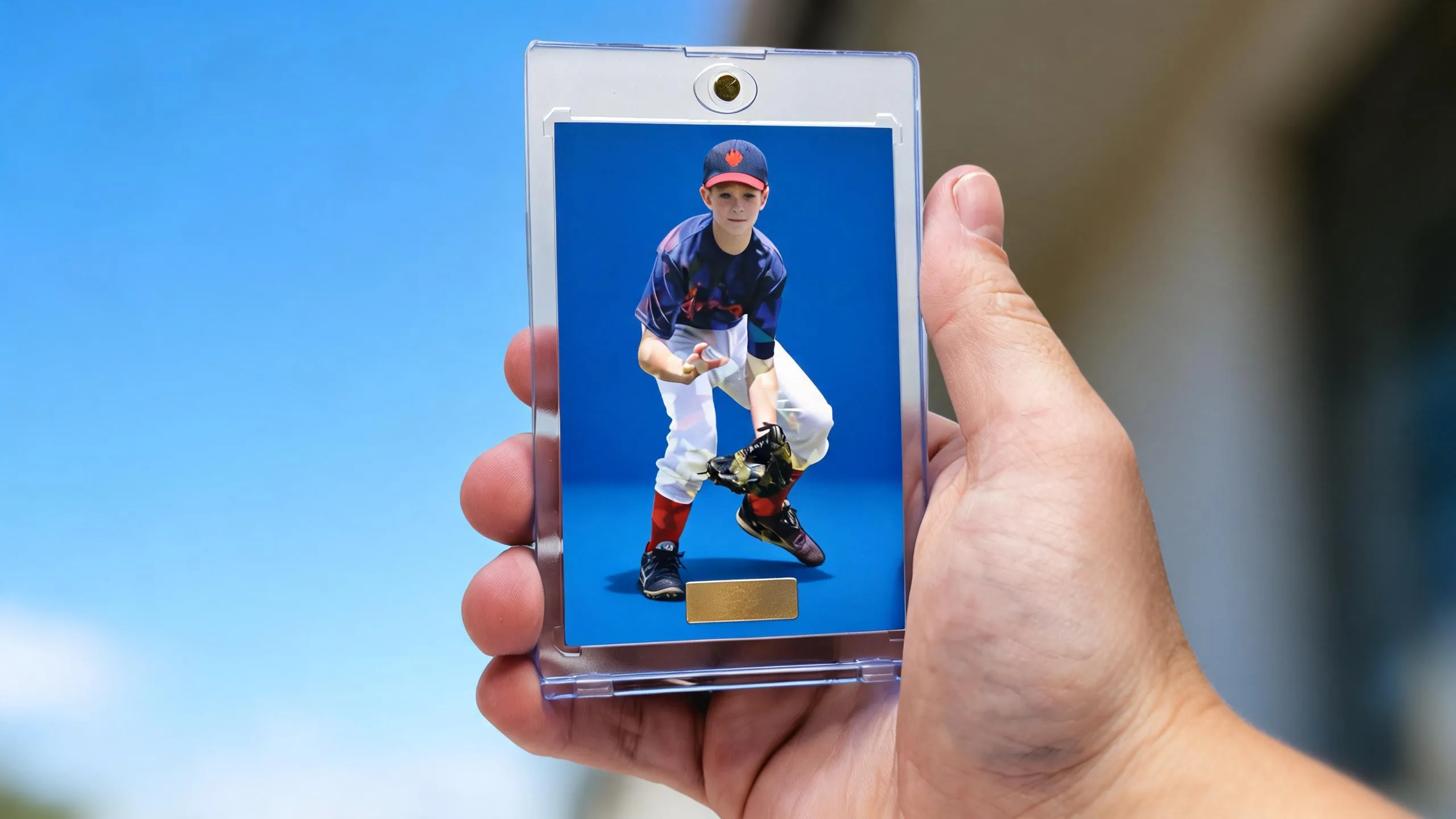 Hand holding a magnetic trading card case, illustrating how to create trading cards with custom art.