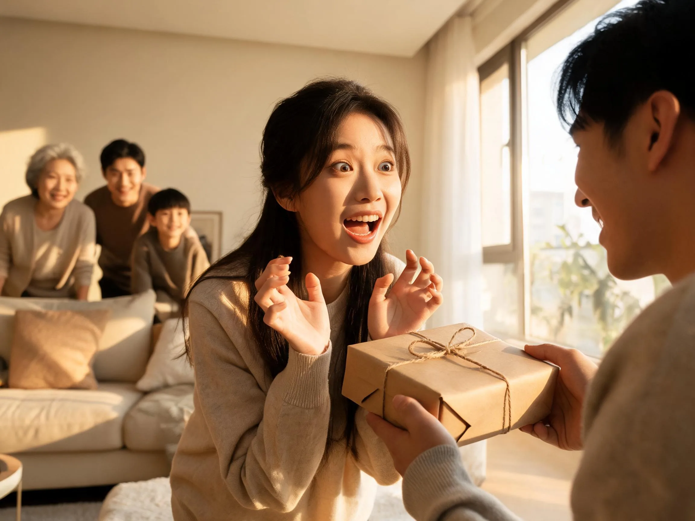 Person reacting with genuine surprise while receiving an unexpected gift from a loved one.