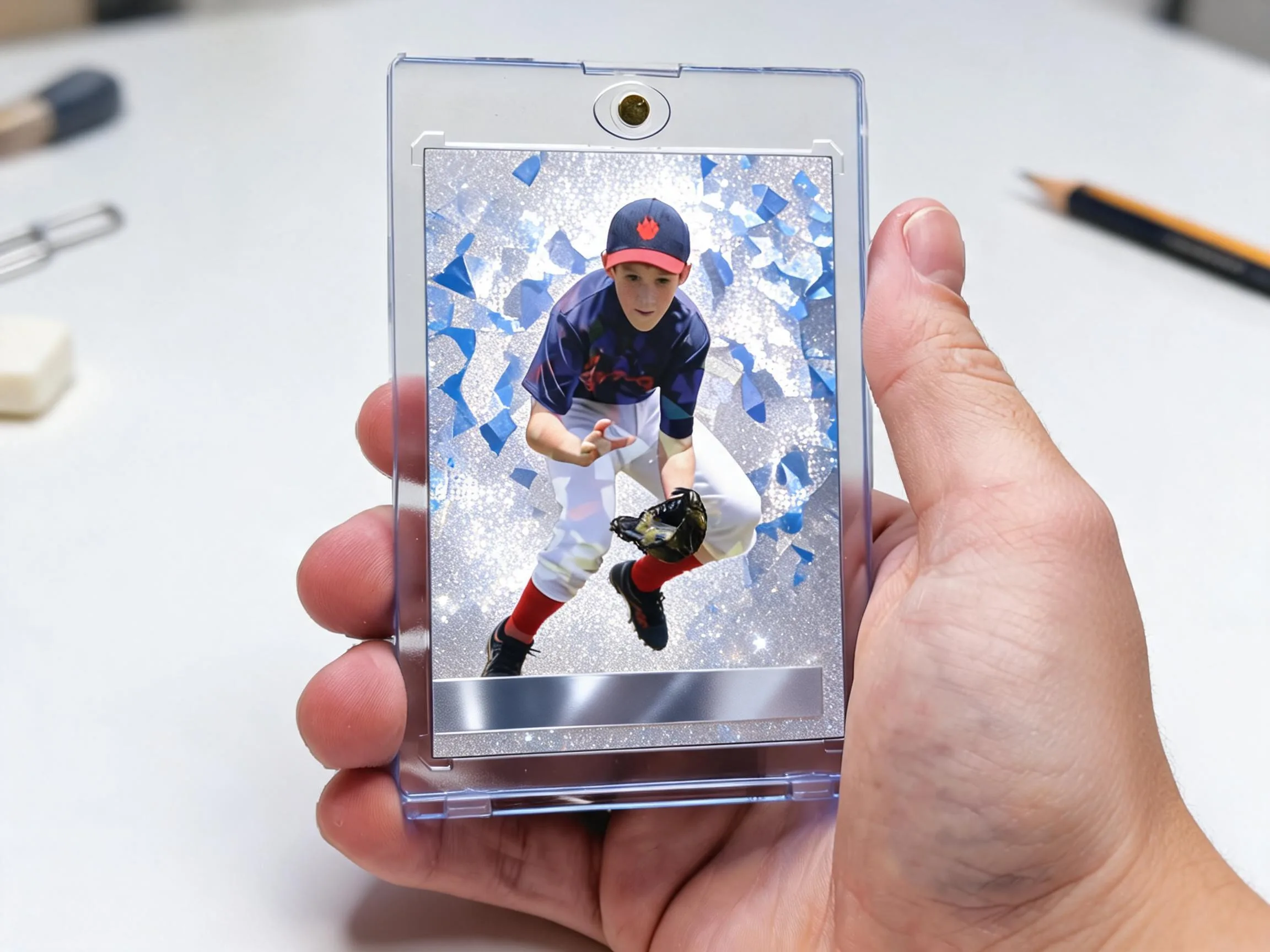 Custom keepsake trading card in a clear magnetic case displayed on a white tabletop.