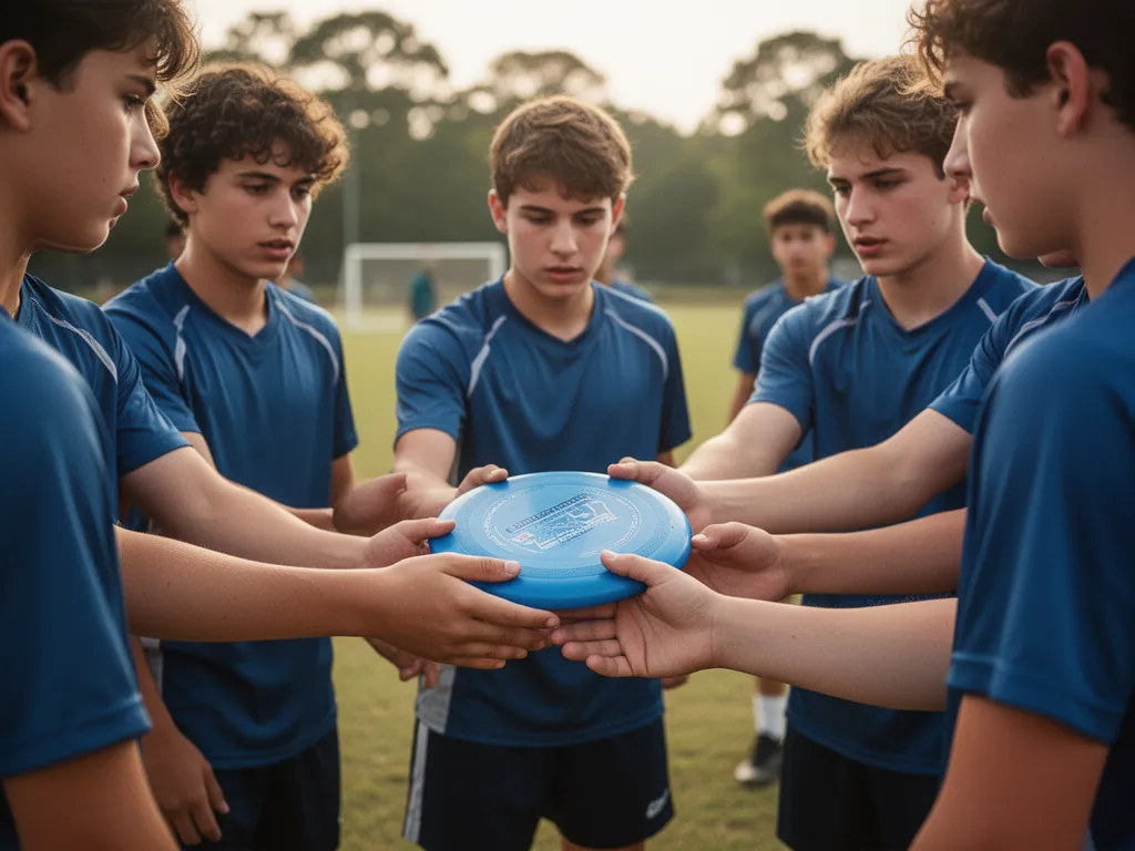 Players huddled together holding frisbee, discussing strategy with focused expressions