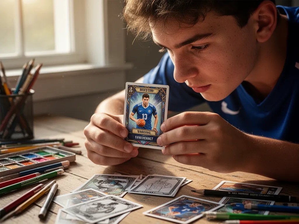 Young athlete examining their handmade trading card at a creative workspace surrounded by art supplies and materials