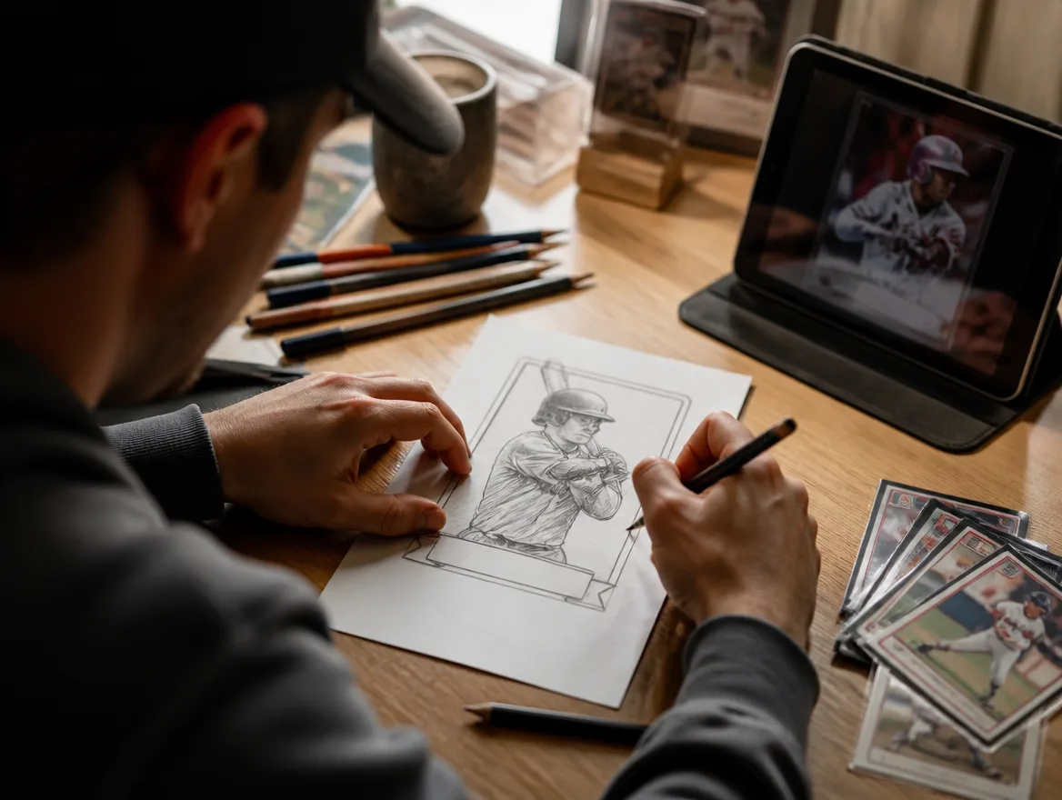 Person learning how to draw a baseball card design at a desk