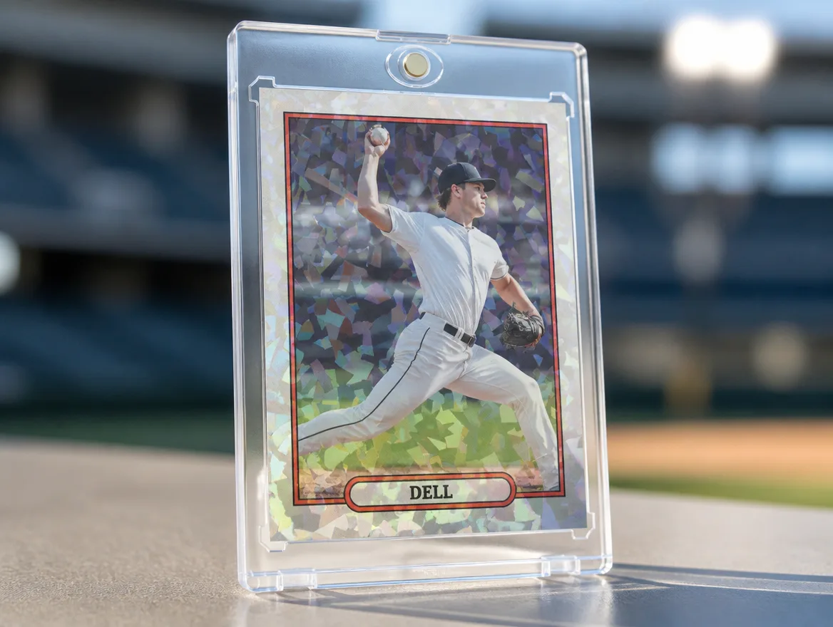 Custom baseball trading card standing in a clear magnetic case