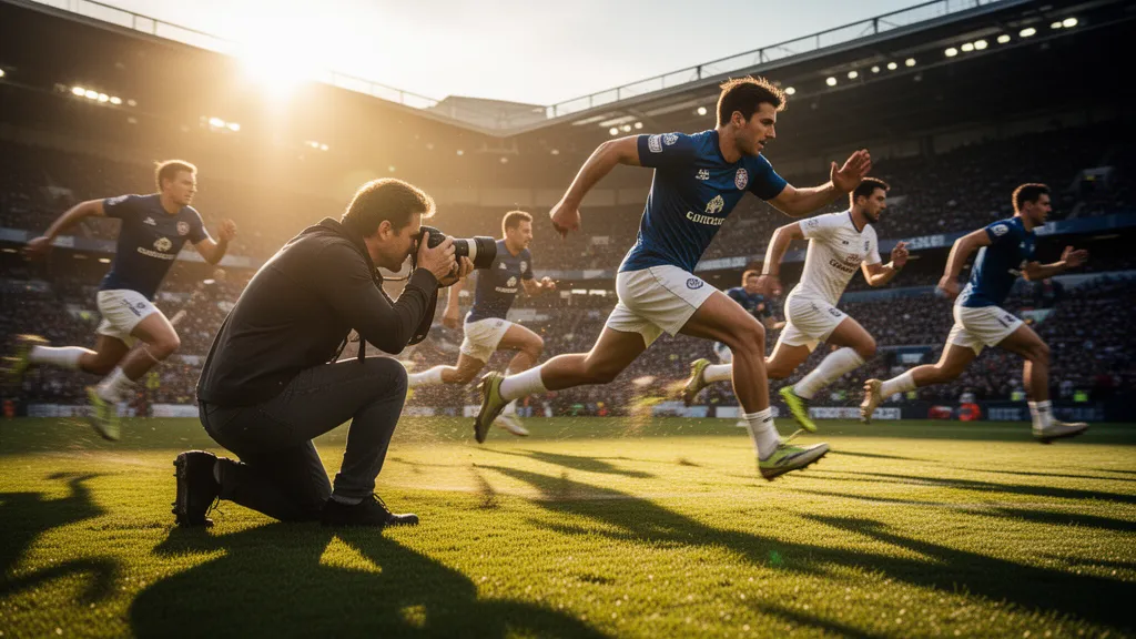 Sports photographer capturing athletes in dynamic outdoor action during golden hour with professional equipment