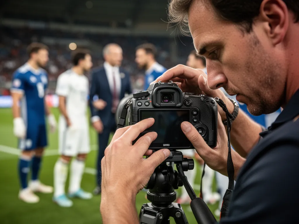 Photographer's hands adjusting camera with athletes blurred in background during sporting event