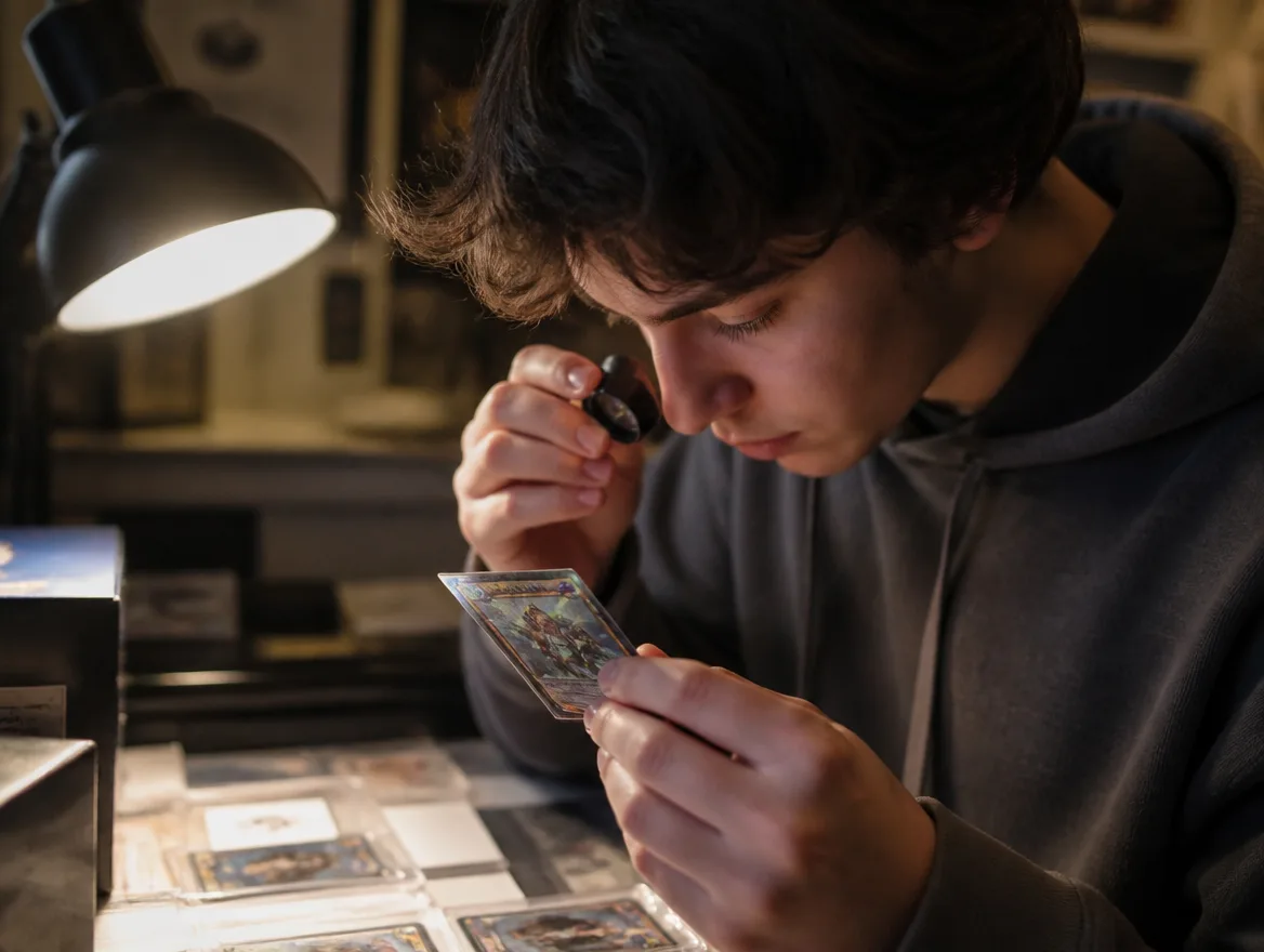 Collector inspecting a holographic card with a magnifier, like grading Pokemon cards
