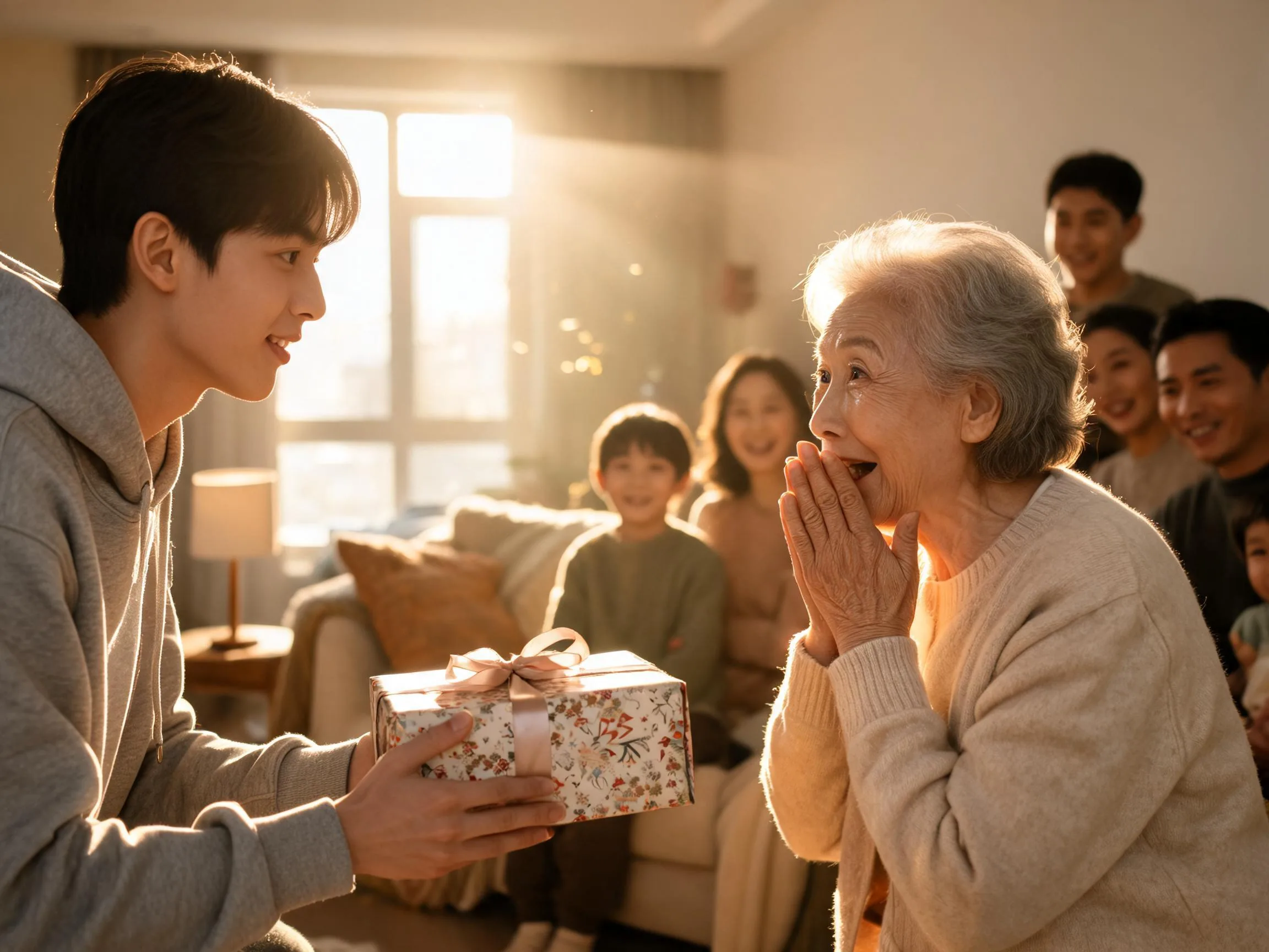 Grandmother reacting with joyful surprise to an unexpected gift from her grandchild.