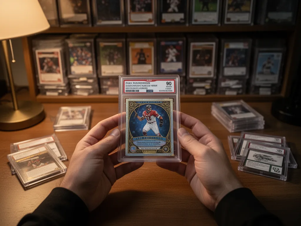 Collector displaying professionally graded card in protective case at organized workspace