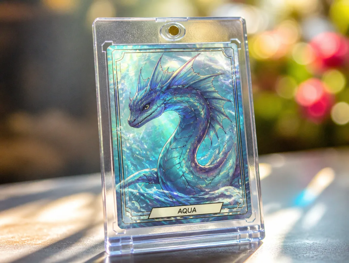 Custom creature trading card standing in a premium magnetic case