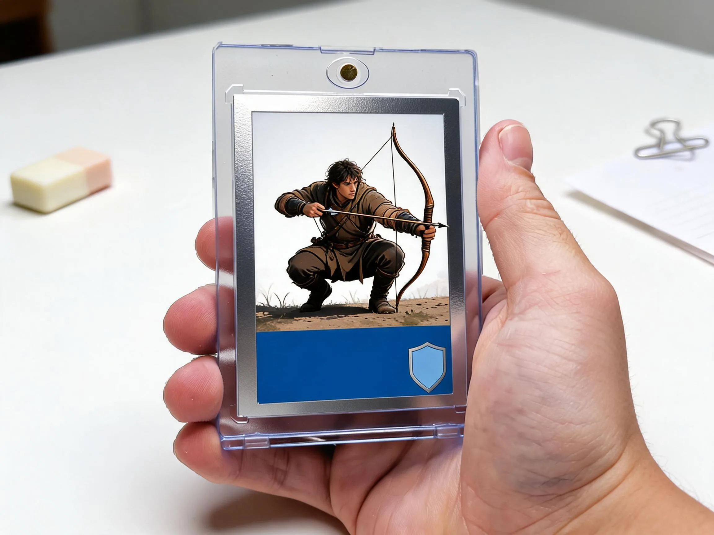 Custom keepsake trading card in a clear magnetic case on white tabletop.