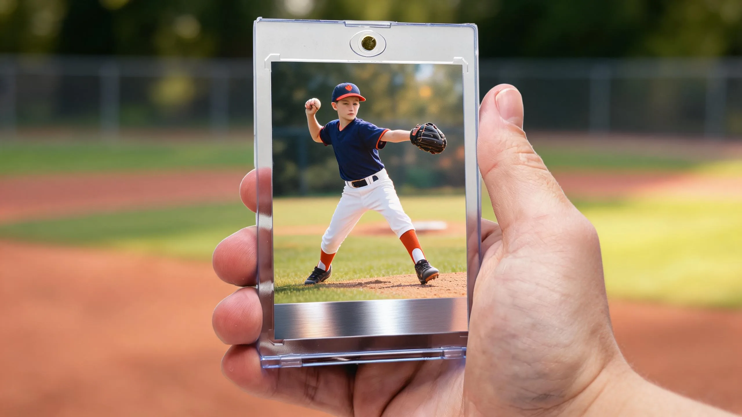 How to make a baseball card: magnetic case holds a custom pitcher card at golden-hour diamond.