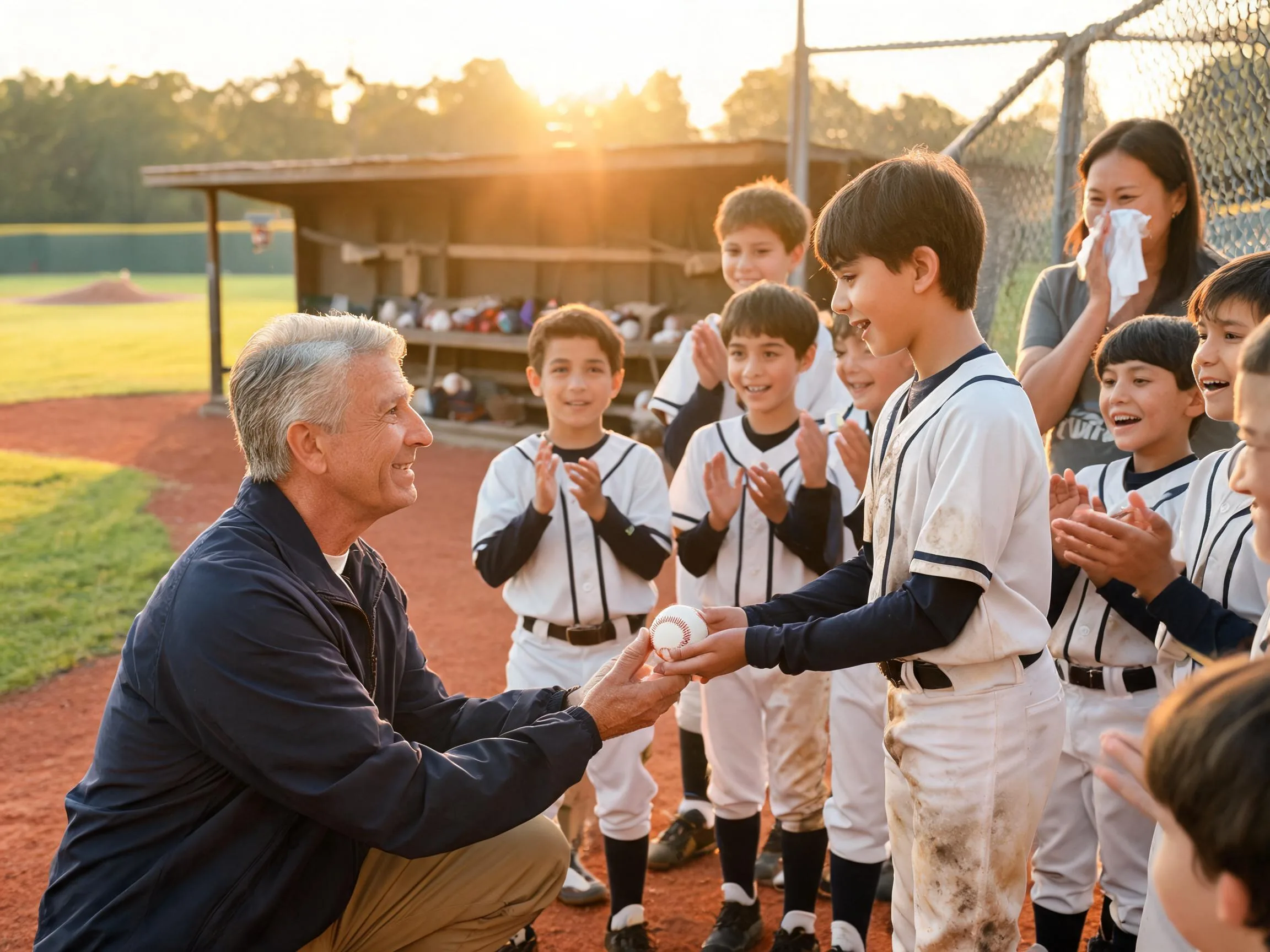 Coach and teammates celebrate with a young baseball player near the dugout fence.