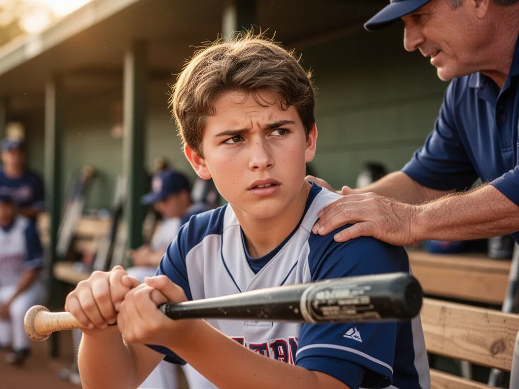 Young baseball player receiving coaching instruction with supportive hand on shoulder in dugout