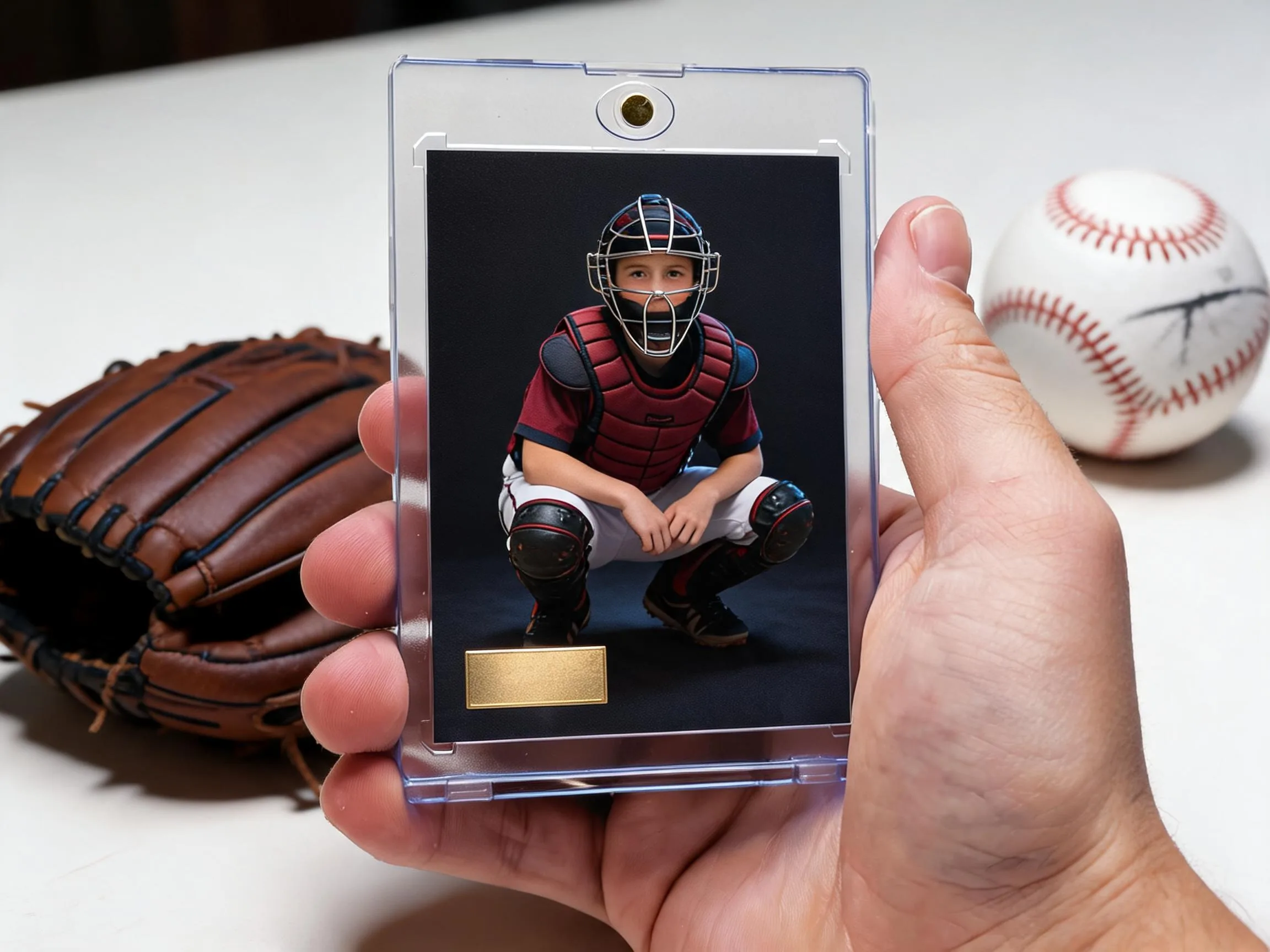 Custom baseball trading card of a catcher in a clear magnetic display case.