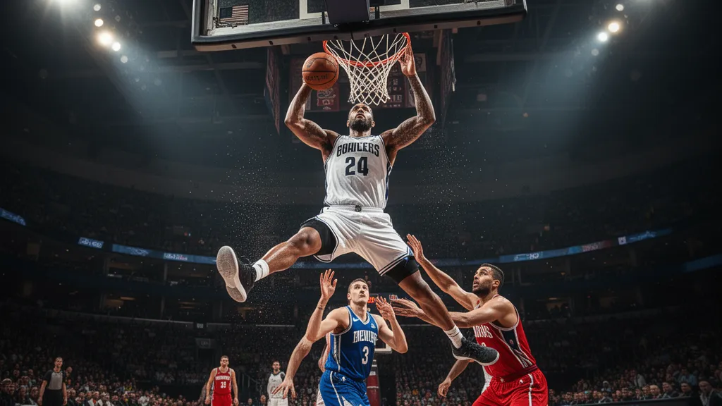 Basketball player soaring through air performing powerful slam dunk during competitive game