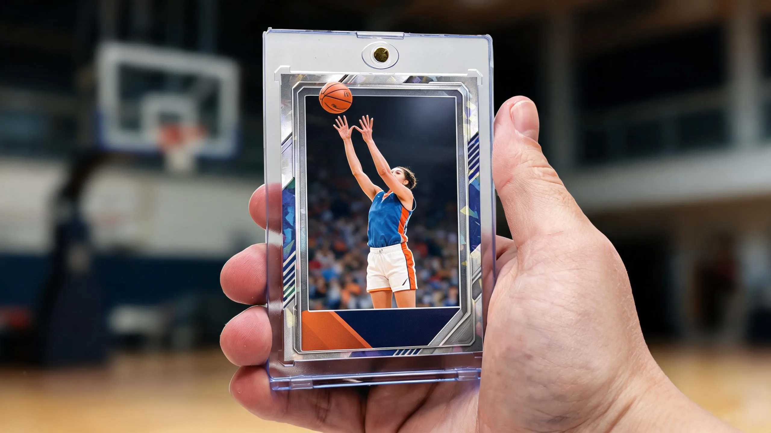 Hand holding magnetic case showing how to make a basketball card with bold diagonal design.