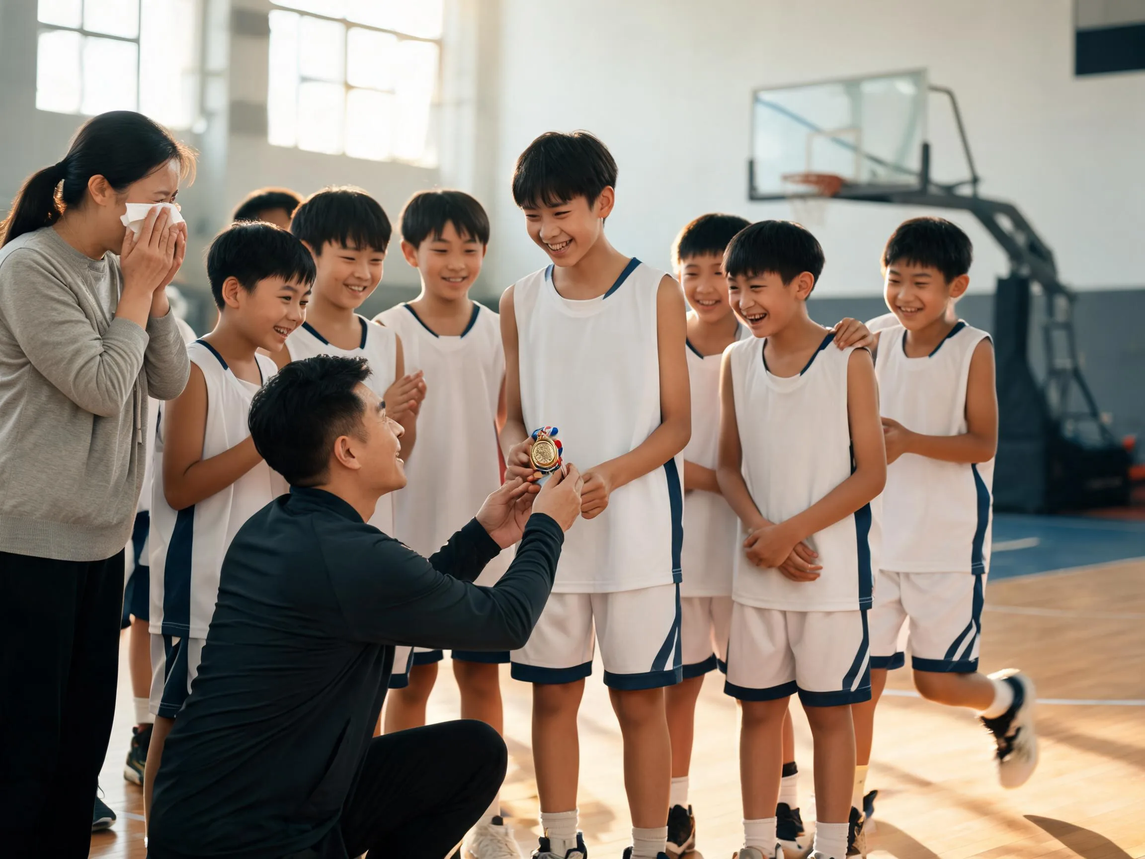 Coach and proud parent celebrate with young basketball player in sunlit gymnasium.
