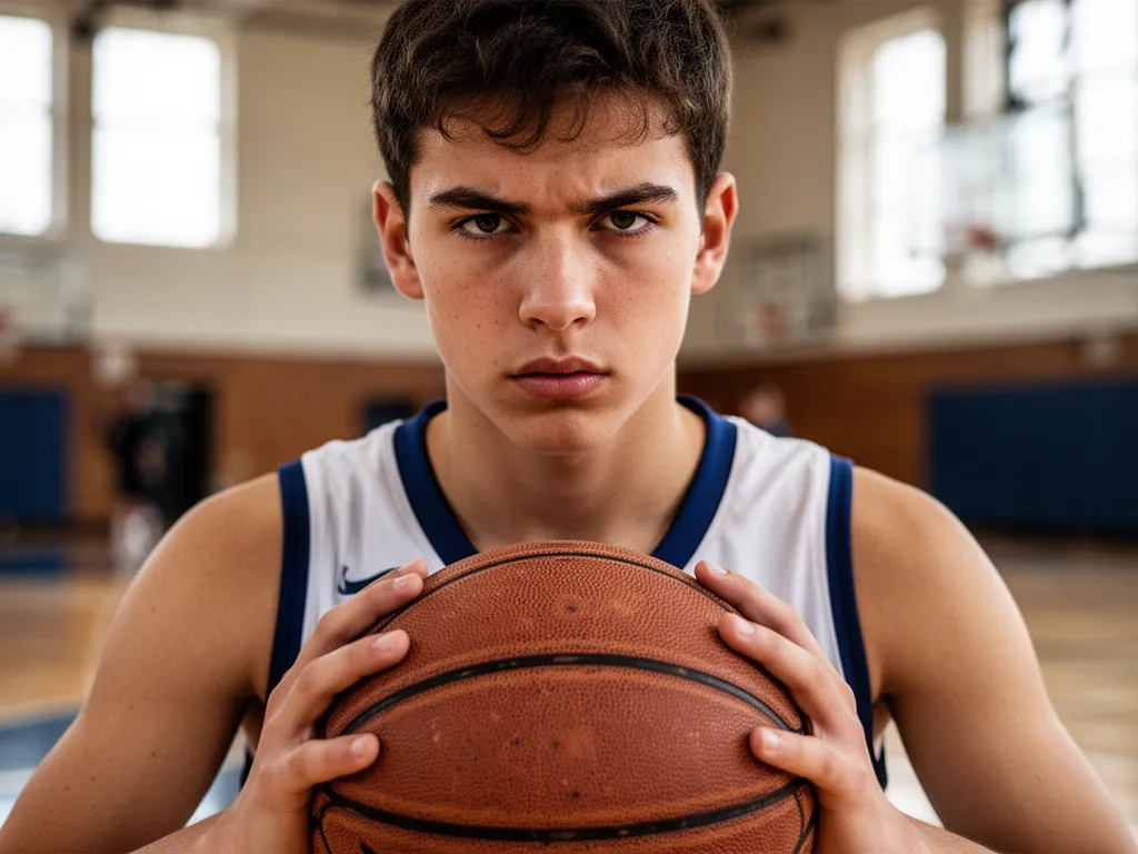 Young basketball player's determined face holding ball with focused intensity indoors