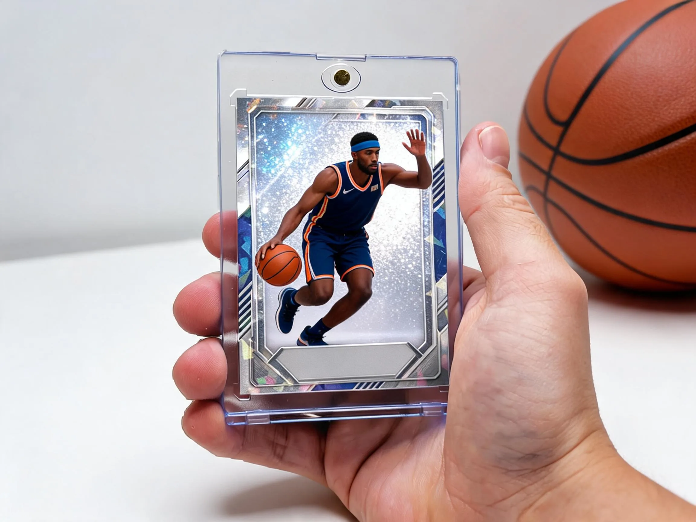 Custom basketball trading card in magnetic case with icy silver-blue refractor design.