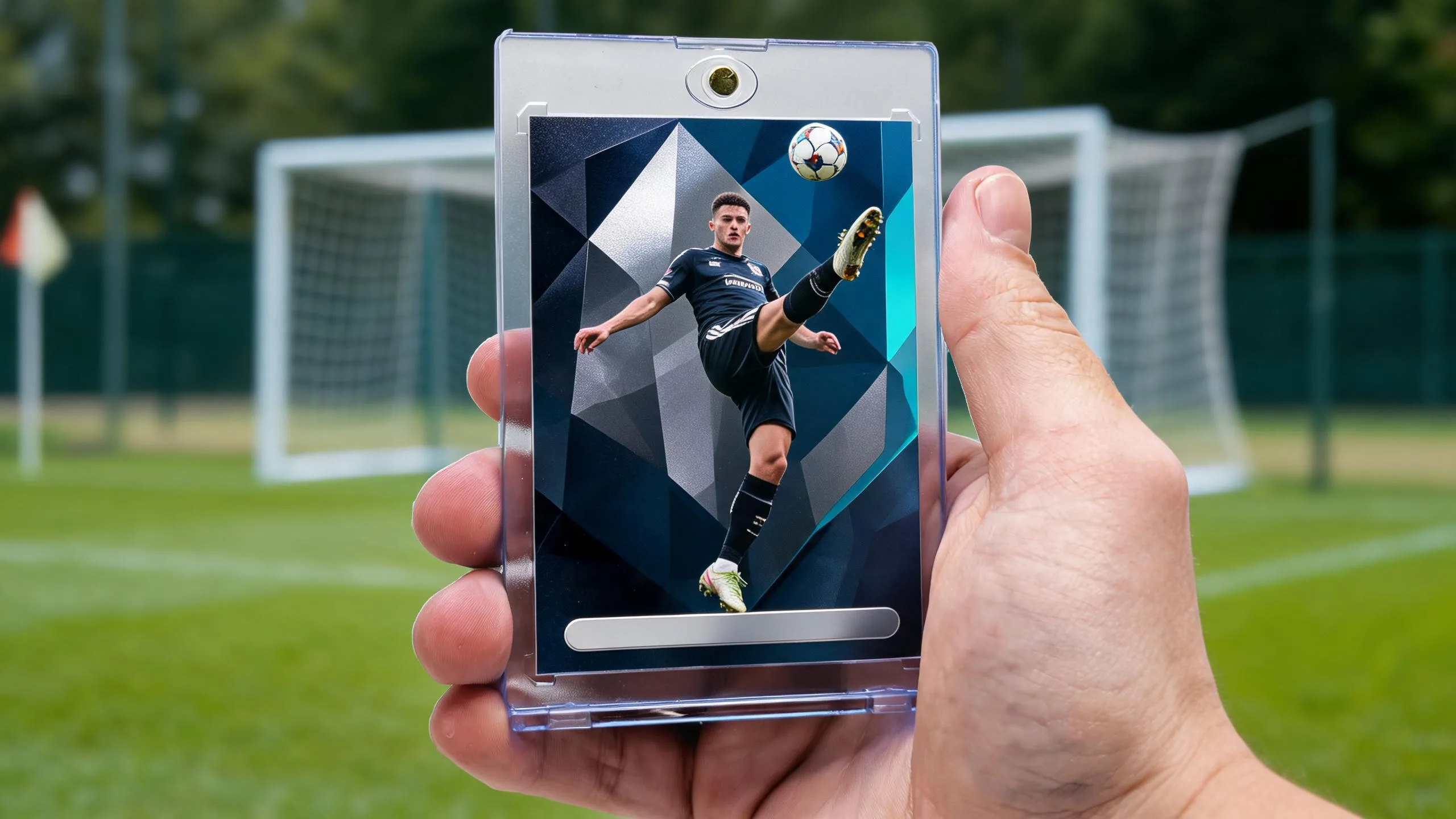 Hand holding magnetic case with custom soccer card, illustrating how to make a fc mobile card.