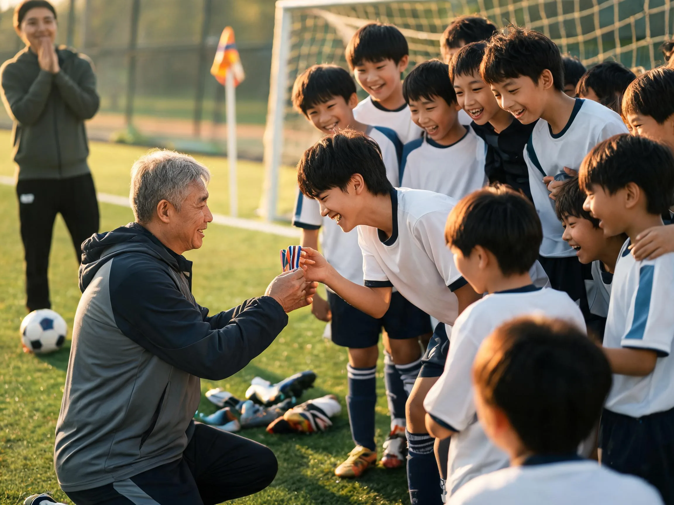 Coach and young soccer player share a warm moment on the field after practice.