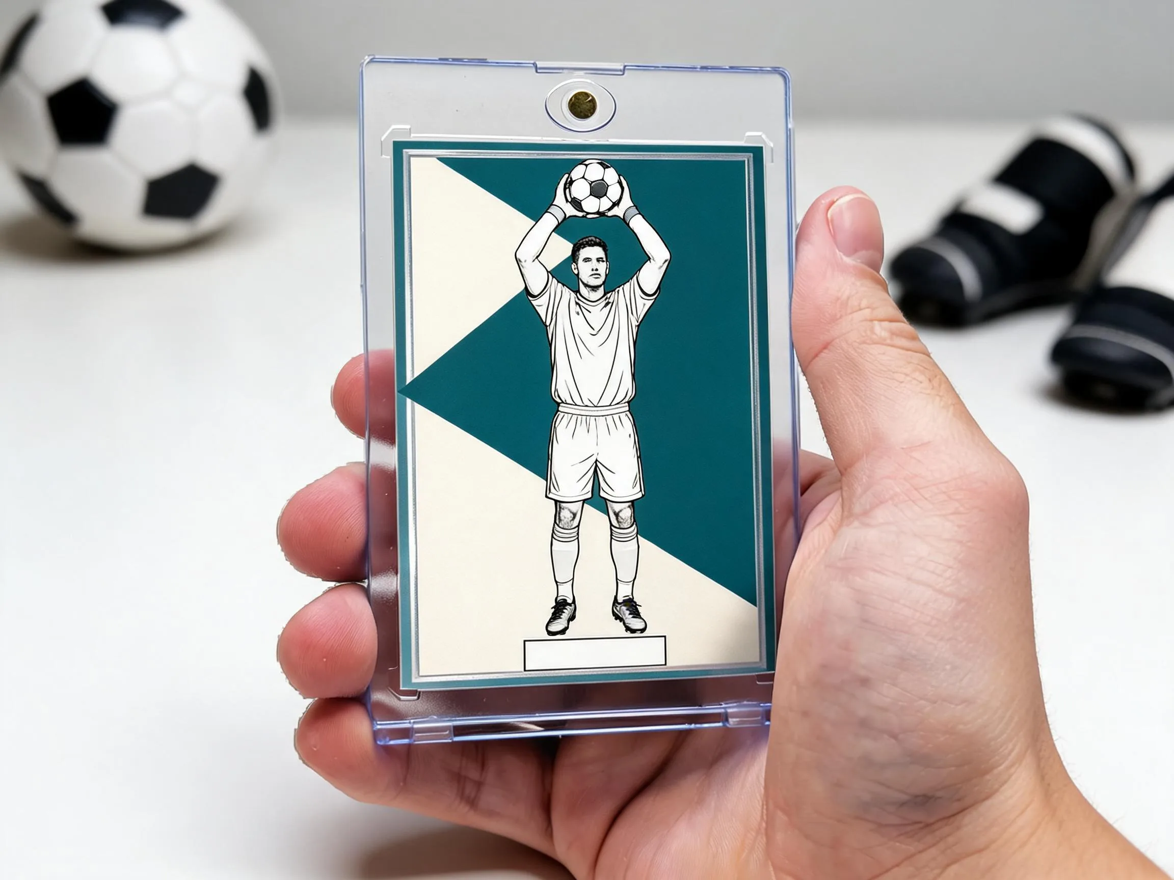 Custom soccer trading card in a clear magnetic case on a white tabletop.