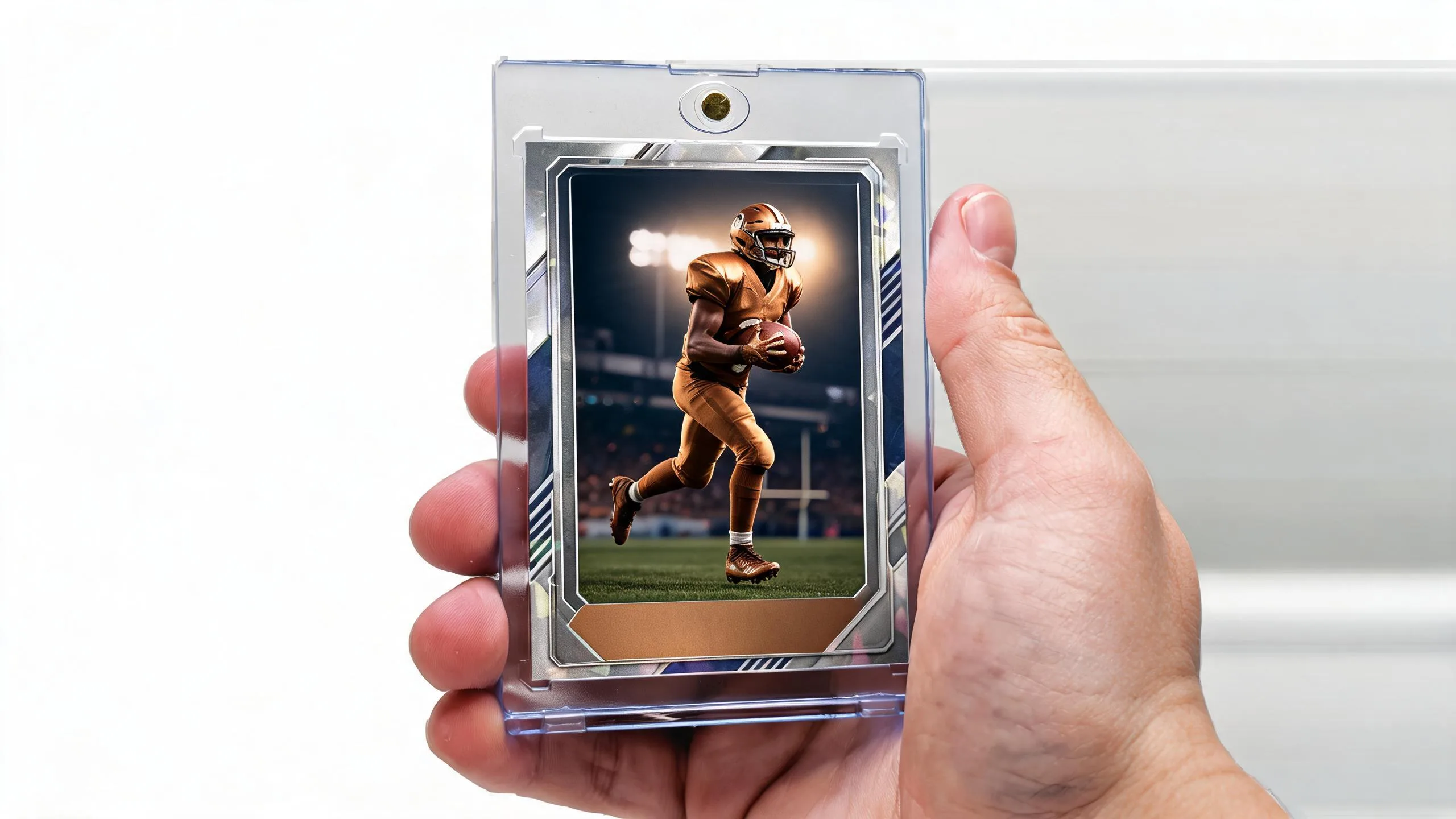 Hand holds magnetic case showing how to make a football card of yourself, stadium-night design.