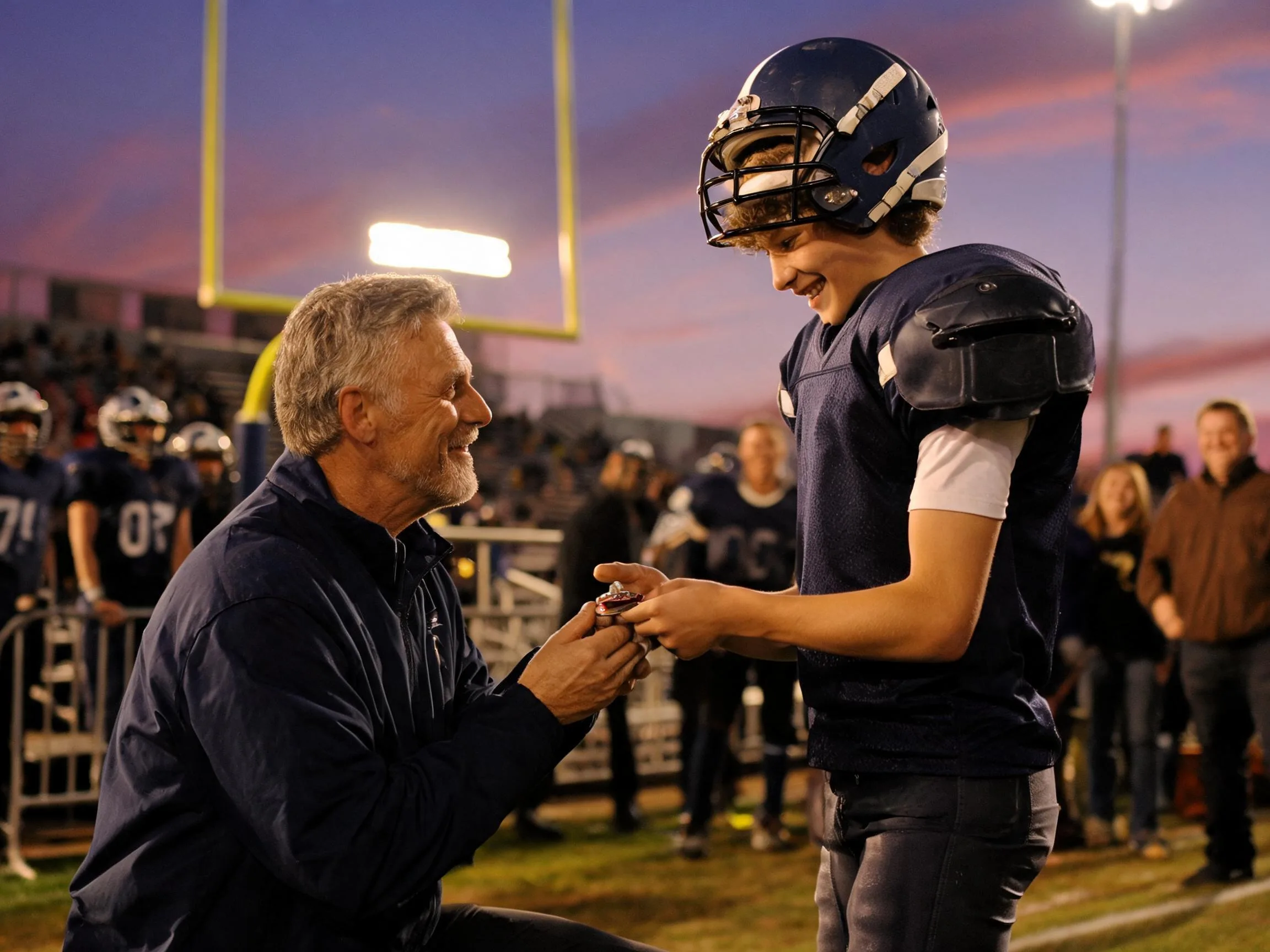 Coach and young football player share proud moment under Friday night stadium lights.
